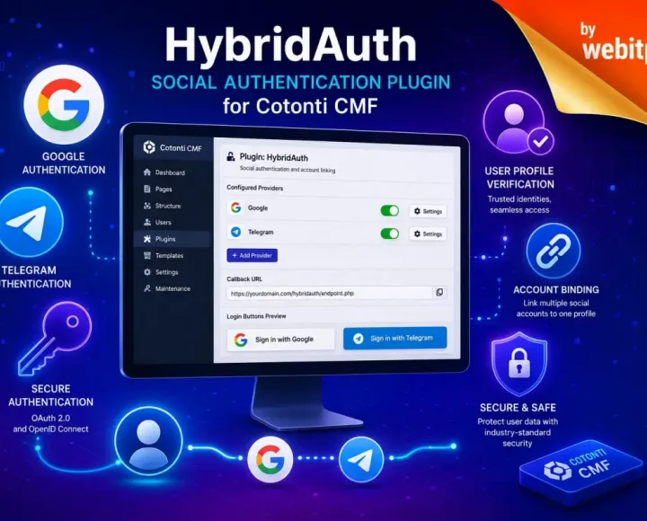 HybridAuth — это плагин 2026 года для Cotonti Siena/Verona, который позволяет пользователям регистрироваться и входить на сайт, используя аккаунты популярных социальных сетей и мессенджеров Google, Facebook, Telegram - hybridauth-cotonti-by-webitproff.webp