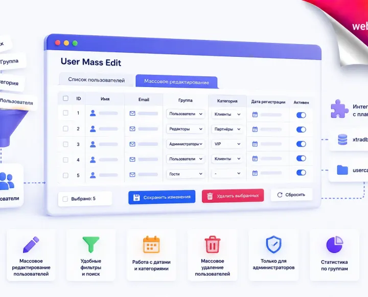 Плагин User Mass Edit позволяет администратору сайта массово изменять данные пользователей, не открывая каждый профиль отдельно. - usersmassedit-cotonti-webitproff.webp