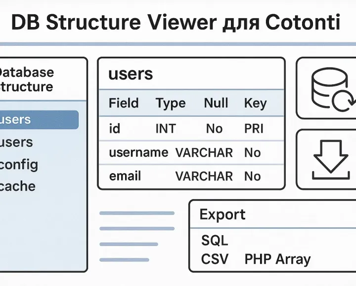 DB Structure Viewer Плагин для просмотра в админке Cotonti структуры базы данных, полей в таблице, резервного копирования БД через панель управления и экспорта в форматы: JSON, SQL, CSV, PHP Array. - dbviewstructure-cotonti (5).webp
