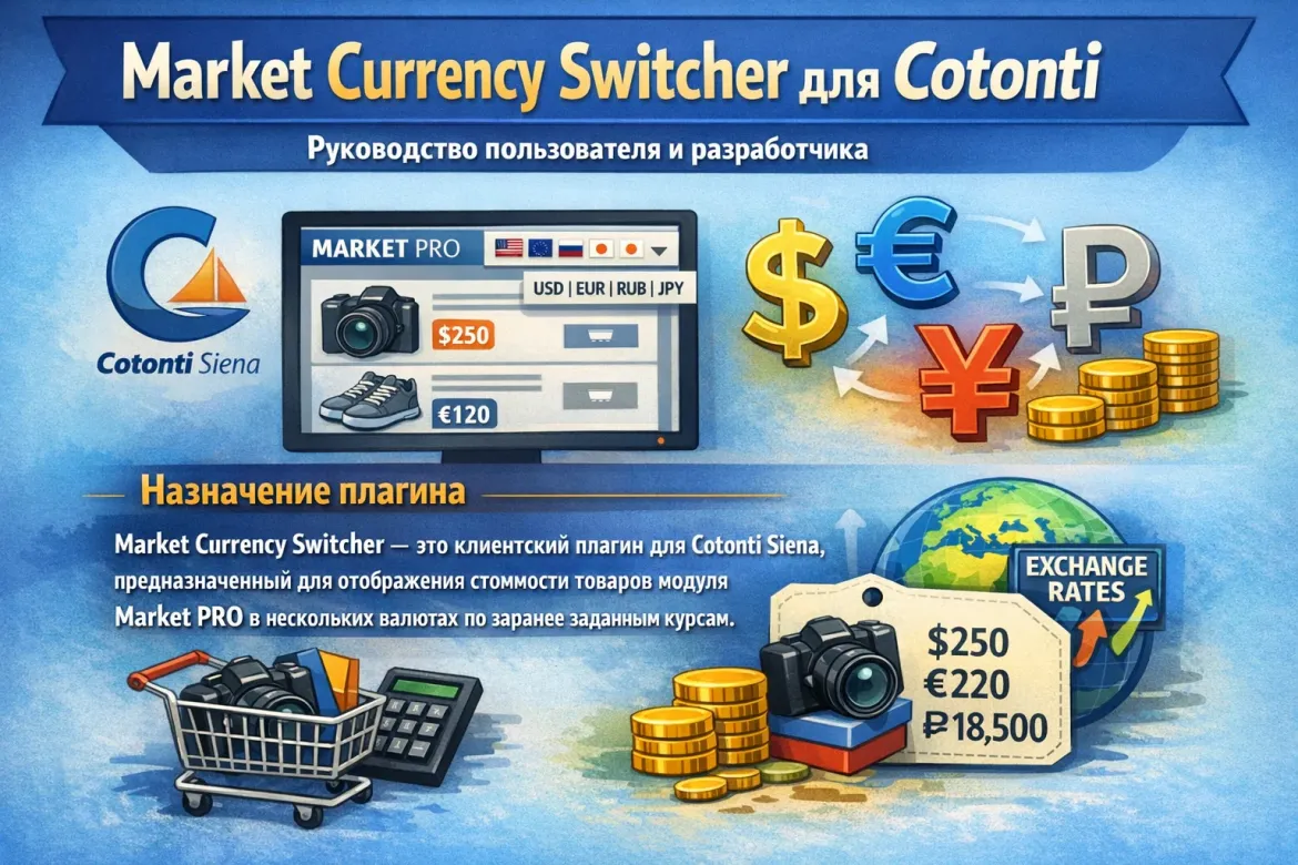 плагин для Cotonti Siena, предназначенный для отображения стоимости товаров модуля Market PRO в нескольких валютах по заранее заданным курсам. - market-currency-switcher-for-cotonti-cmf-by-webitproff_0.webp