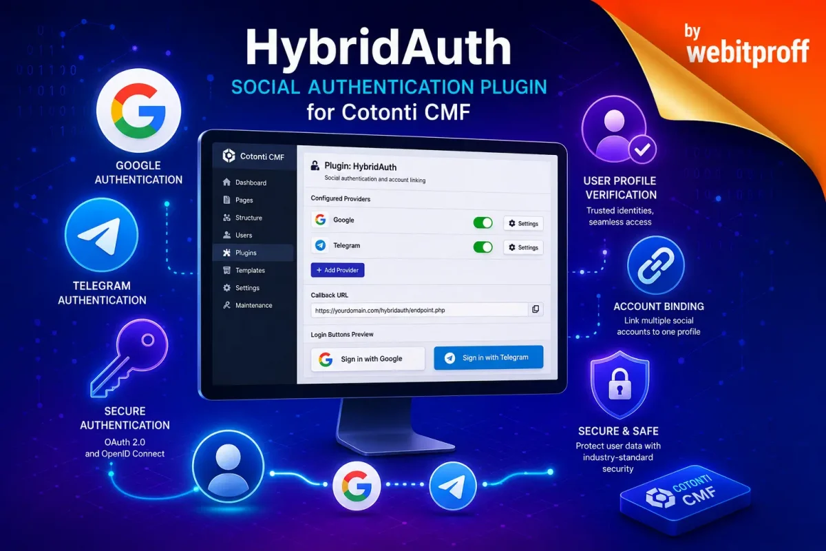 HybridAuth — это плагин 2026 года для Cotonti Siena/Verona, который позволяет пользователям регистрироваться и входить на сайт, используя аккаунты популярных социальных сетей и мессенджеров Google, Facebook, Telegram - hybridauth-cotonti-by-webitproff.webp