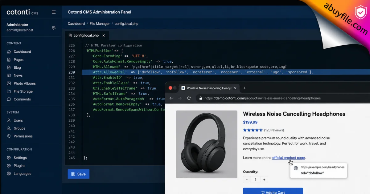 CKEditor + HTML Purifier - Настройка ссылок для администратора
